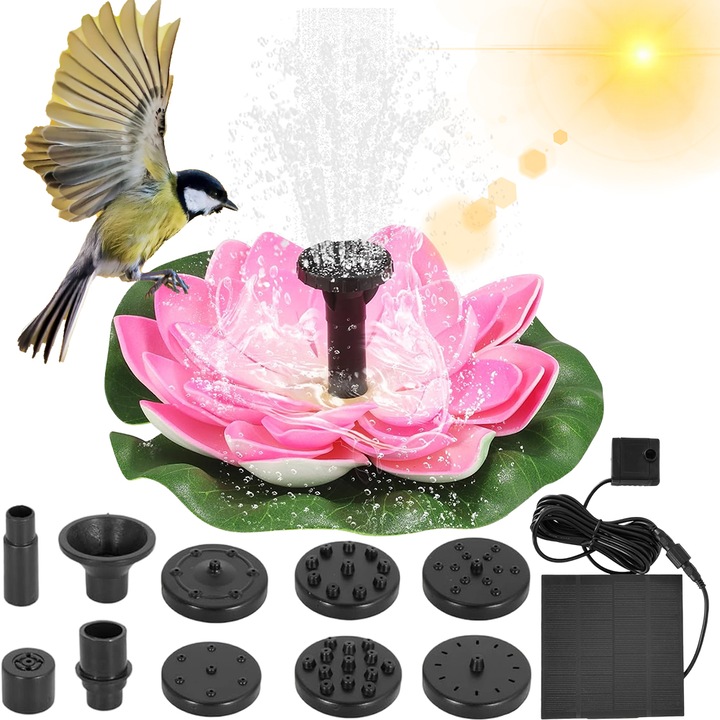 Fantana solara plutitoare Juksun lotus, 80cm, negru, 6 duze, 200L/h