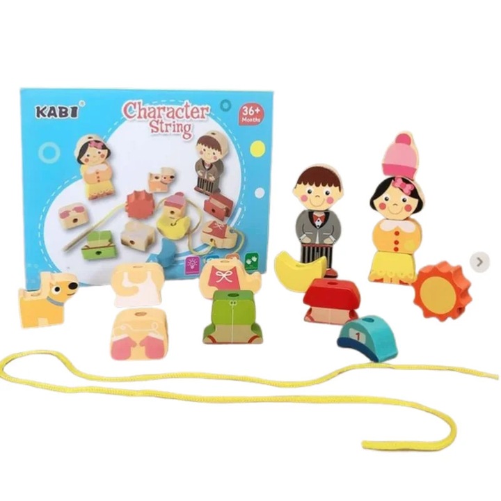 Joc Educativ de Insiruit din Lemn Snuruitul Personajelor, Stil Montessori, 16 Piese si Snur, Dezvoltare Motricitate Fina, 3 ani+