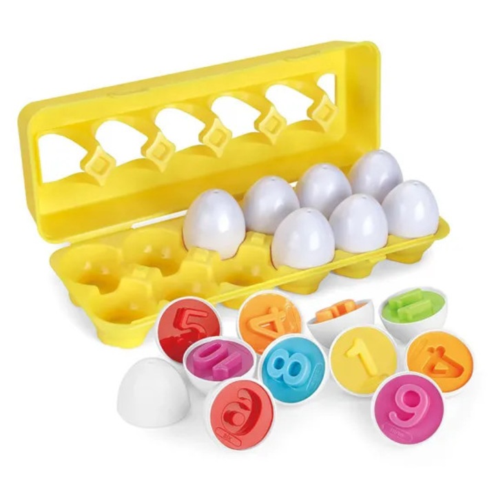 Joc educativ pentru copii Matching Eggs, Stuniko® Set 12 oua pentru invatarea numerelor si culorilor, 3 ani+
