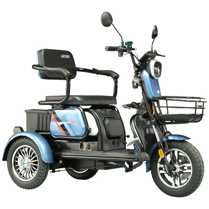Tricicleta electrica Arora Ruzgar, fara permis, CIV inclus, viteza 25 km/h, autonomie 40 km, acumulator 60V/20Ah, culoare albastru