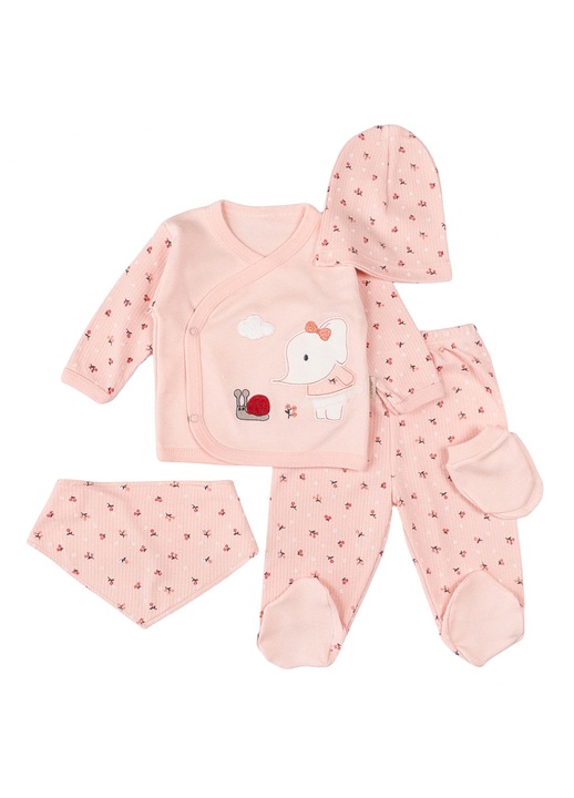 Set nou nascuti fetite, 5 piese, model Elefantel, roz coral 62 CM