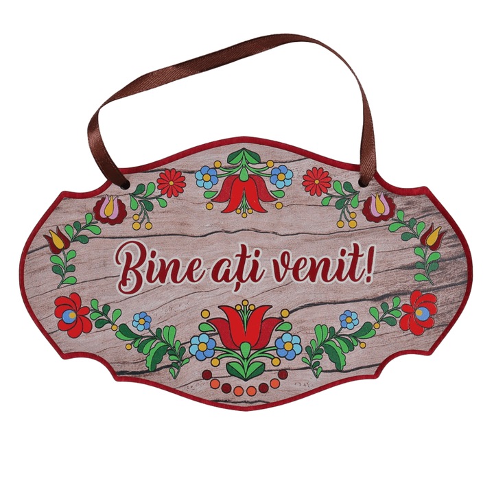 Placheta decorativă din lemn, Bine ați venit!", design floral tradițional, 20.5x12.5cm