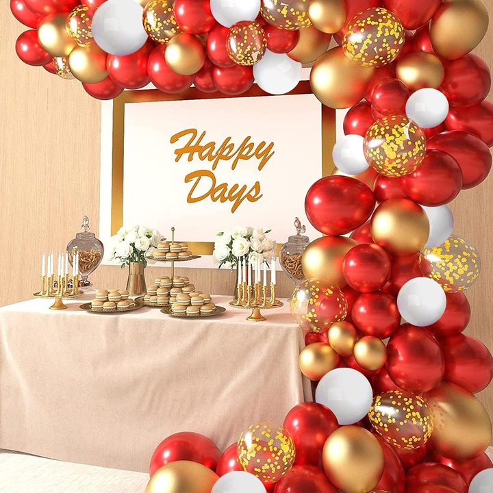 Set Arcada Baloane Rosu, Alb si Auriu, 107 Piese, cu Baloane Confetti, Decor pentru Nunta, Botez, Aniversare, Baby Shower