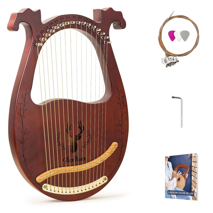 Harpa lira, AFKSMILE, 16 corzi din otel, Harpa lira, Corp din mahon solid, Nota sculptata, Corzi durabile din otel, Un sunet cald, Cu corzi suplimentare, cheie de acordaj, manual pentru incepatori la lira, Pentru incepatori, 26*40*3.5cm, Maro