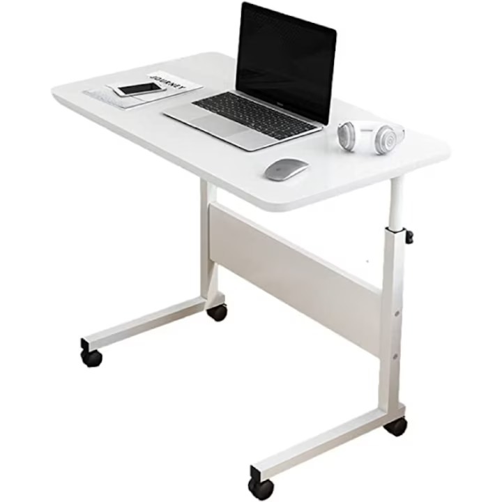 Masa Laptop Reglabilă Boxely, 70-90 cm, Blat 40x60 cm, Otel si Lemn, cu Roti, Colturi Rotunjite