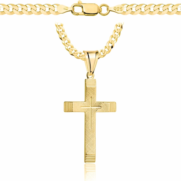 Lant de aur pentru barbati cu cruciulita, placat cu aur, argint 925, aur 585 14K, lant masiv cu impletitura tip zale, latime 3, 8 mm, lungime 60cm
