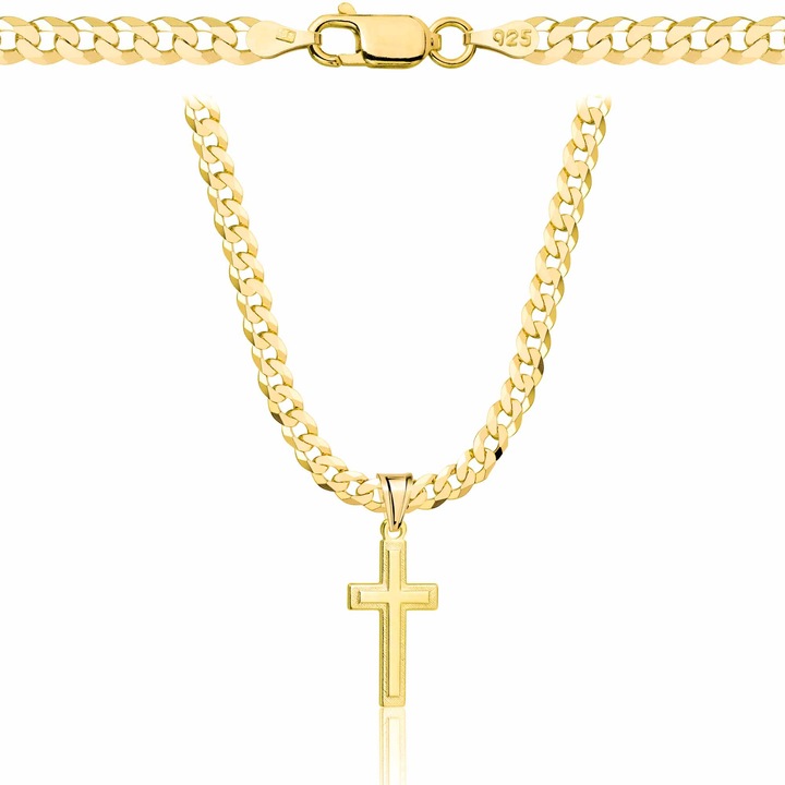 Lant de aur pentru barbati cu cruciulita, placat cu aur, argint 925, aur 585 14K, lant masiv cu impletitura tip zale, latime 3, 8 mm, lungime 45cm
