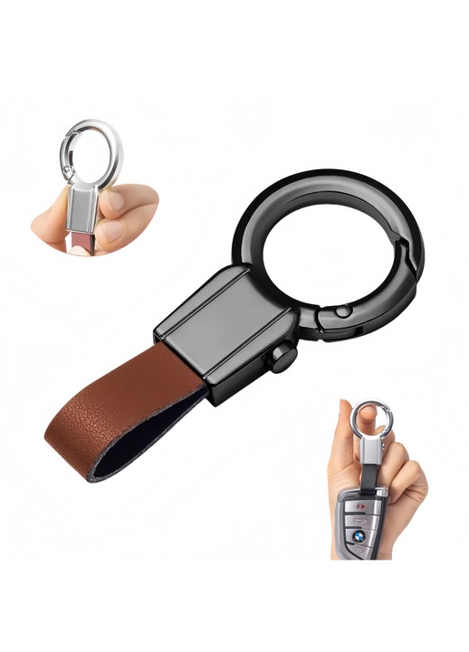 Breloc chei auto multifunctional din piele, suport chei cu protectie anti-pierdere, carlig metalic rezistent, accesorii auto premium, maro, QiFeng™