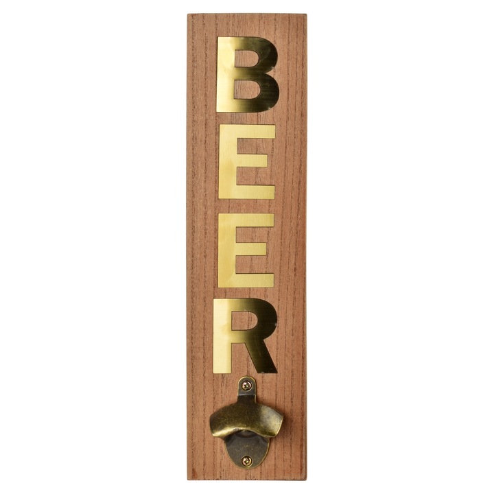 Fali sörnyitó, fa, Stacy, Beer, 40 x 10 x 4 cm, natúr barna arany felirattal, 1 darab