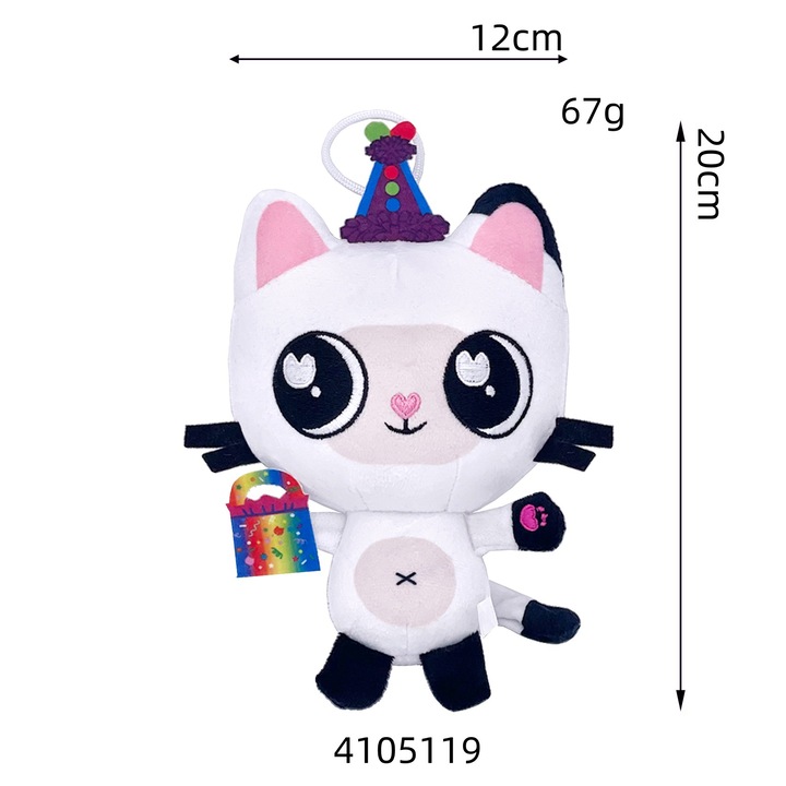 Jucarie de plus, Gabby's Dollhouse, Pisica alb-negru, 24x24cm, set