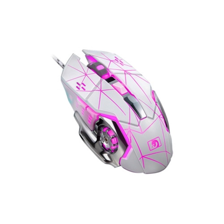 Ergonomikus fehér gamer egér, 6 gombos, USB, állítható DPI-vel