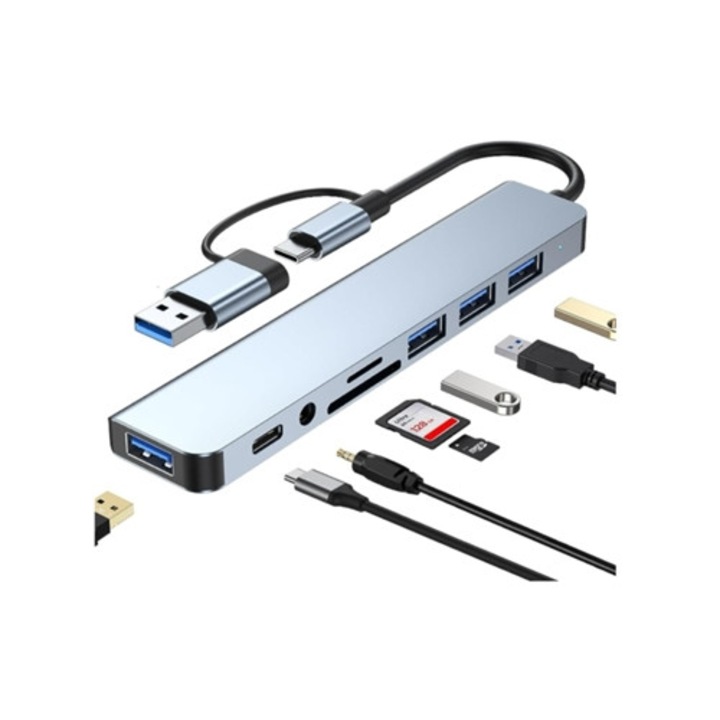 USB-C Hub 8 portos, 2 az 1-ben többportos adapter, ultravékony USB 3.0 elosztó, SD kártyaolvasó