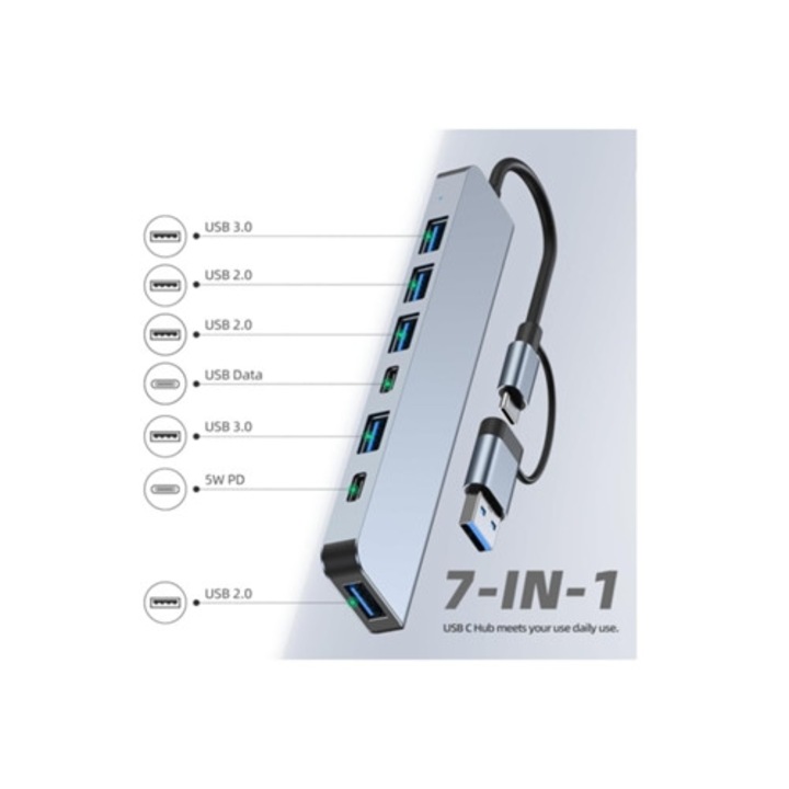 USB C elosztó, kompakt kialakítás, kiterjesztett portok, szürke