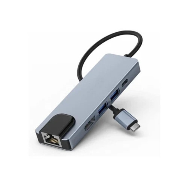 USB C 6 az 1-ben hub Ethernettel, 4K HDMI-vel, 2 USB porttal, 100W PD-vel, szürke