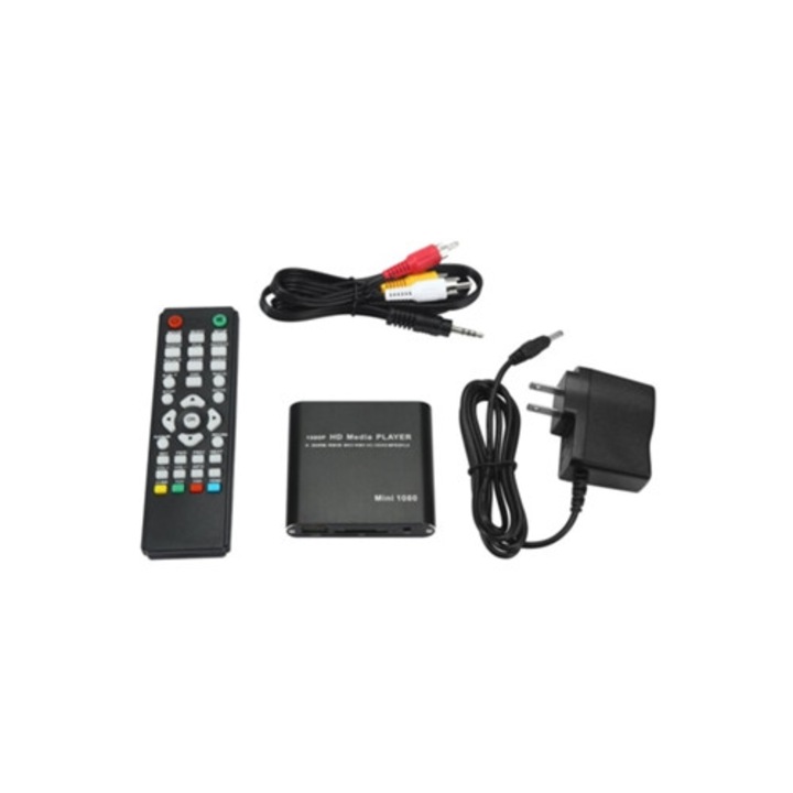 Mediaplayer Mini Full HD 1080P, MKV/RM-SD/USB HDD-HDMI CVBS, negru, US Plug