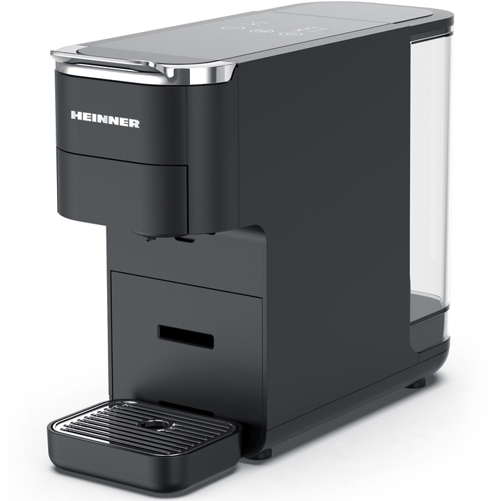 Espressor cu capsule 4 in 1 Heinner HEMC-DD15BK, 1525 W, Rezervor 1.5 l, Ecran digital si control tactil, Compatibil cu Nespresso, Dolce Gusto, Ese Pods/Cafea pudra, Cafea macinata, Negru