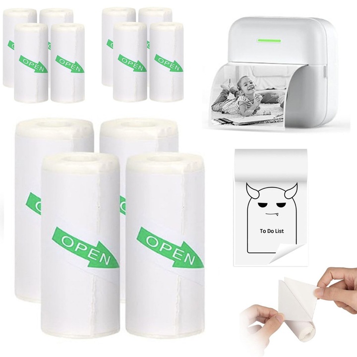 Set 10 Role Hartie Termica Autocolanta pentru Aparat Foto Instant Copii, Compatibilitate Universala, Material Non-Toxic, Dimensiune 5.6 x 2.5 cm, Ideala pentru Stickere, Alb