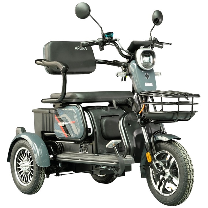 Tricicleta electrica Arora Ruzgar, fara permis, CIV inclus, viteza 25 km/h, autonomie 40 km, acumulator 60V/20Ah, culoare gri