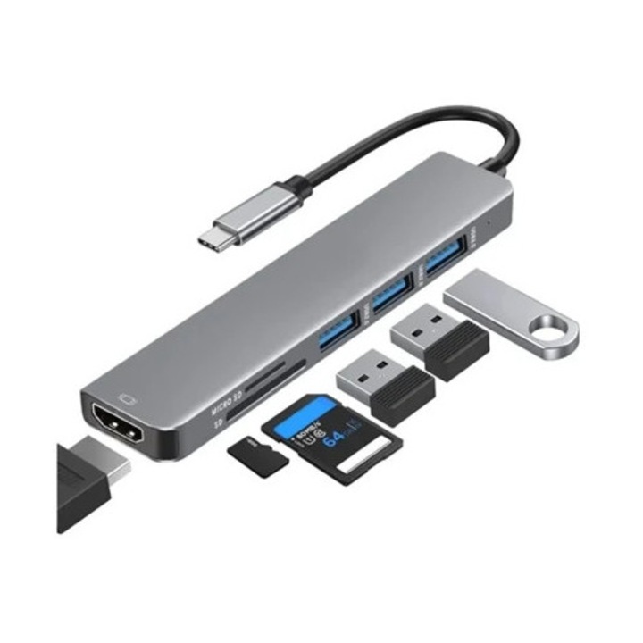 USB-C Hub 6 az 1-ben, Micro SD/SD kártyaolvasó, szürke