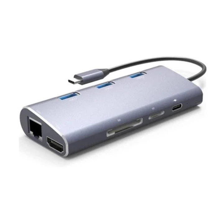 USB C 8 az 1-ben hub, 4K HDMI, Gigabit Ethernet, USB 3.0, SD/TF kártyaolvasó, PD töltőport