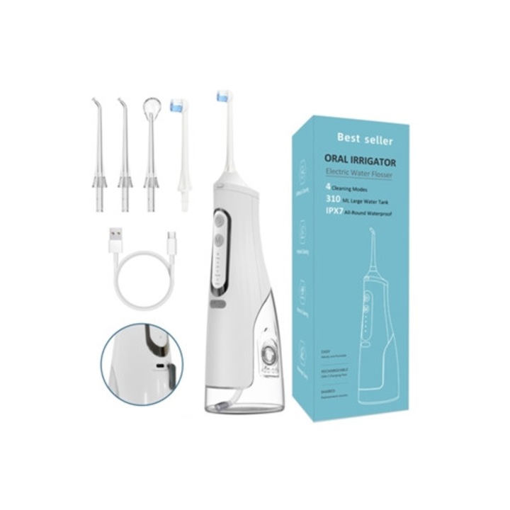 Hordozható szájzuhany pulzáló funkcióval, 4 sebességes, 310 ml kapacitású, fekete