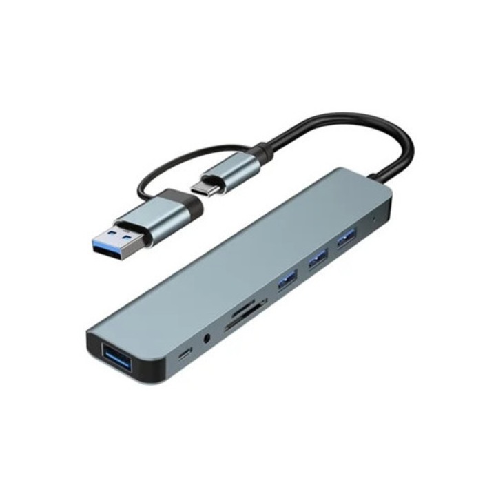 USB-C хъб 8 в 1, 4 USB порта, четец за SD/TF карти, 3.5мм жак за слушалки, многоцветен