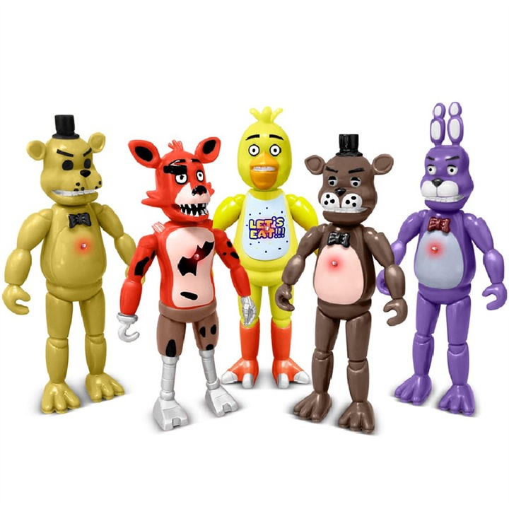 Un set de 5 figurine Five Nights at Freddy's, cu articulatii, lumini, din PVC, 13cm inaltime, disponibile in mai multe culori