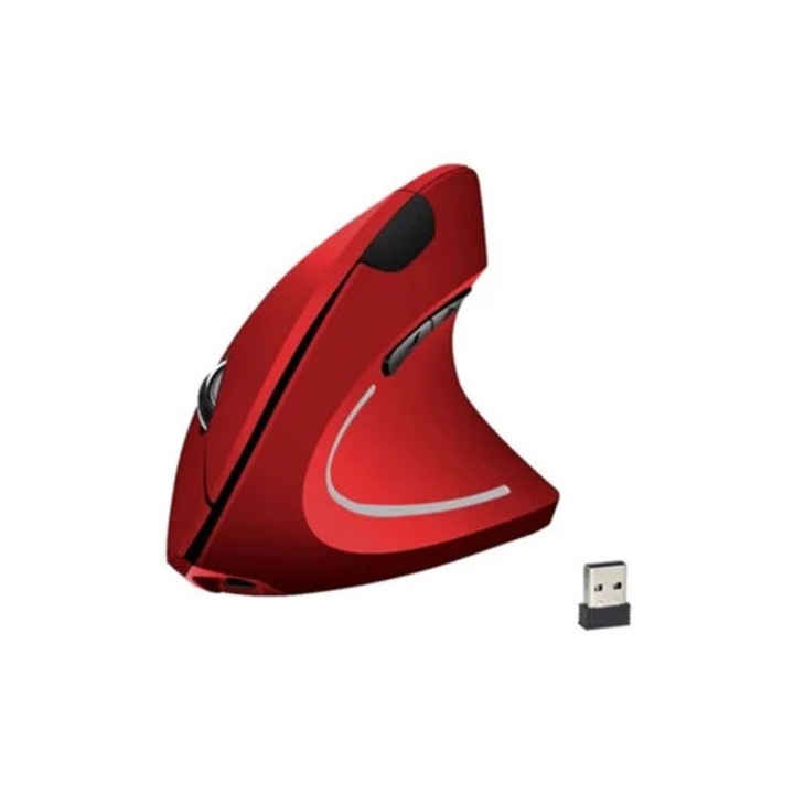 Mouse vertical optic 2.4G, USB, Bluetooth, 800/1200/1600 DPI, 6 butoane, rosu