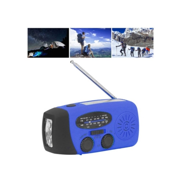 Преносимо AM/FM NOAA радио с манивела и LED фенерче, синьо