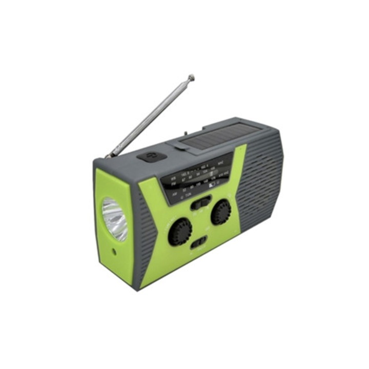 Радио преносимо със соларна манивела AM/FM/NOAA, SOS аларма, 2000mAh, зелено
