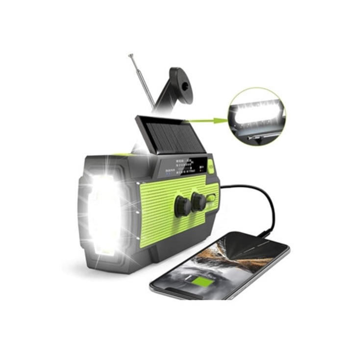 Аварийно соларно радио с манивела AM/FM, 4000mAh, зелено