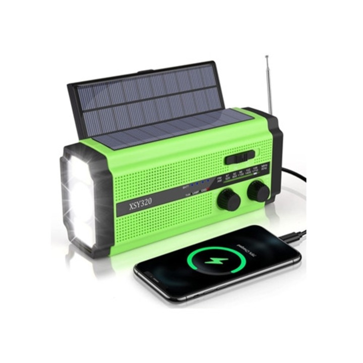 Аварийно соларно радио с манивела 5000mAh, 5 режима на захранване, зелено