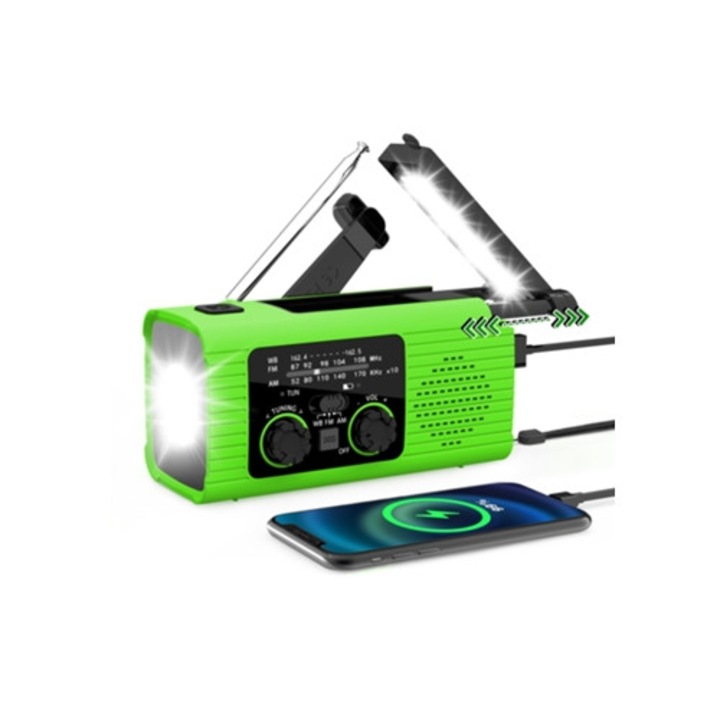 Аварийно соларно радио с манивела 2000mAh, AM/FM, NOAA, SOS аларма, зелено