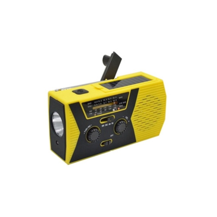 Преносимо радио със соларна манивела AM/FM/NOAA, SOS аларма, 2000mAh, жълто