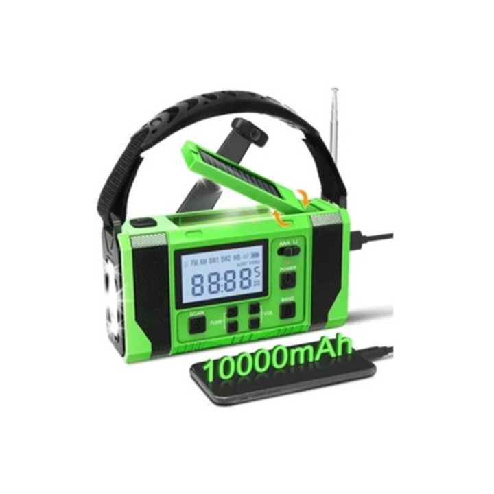 Соларна аварийна лампа с манивела 10000mAh, зелена, с AM/FM/NOAA предупреждение и SOS аларма