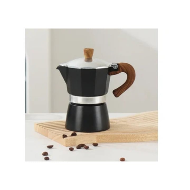 Cafetiere 150ml din aluminiu, crom negru, cu un singur ventil