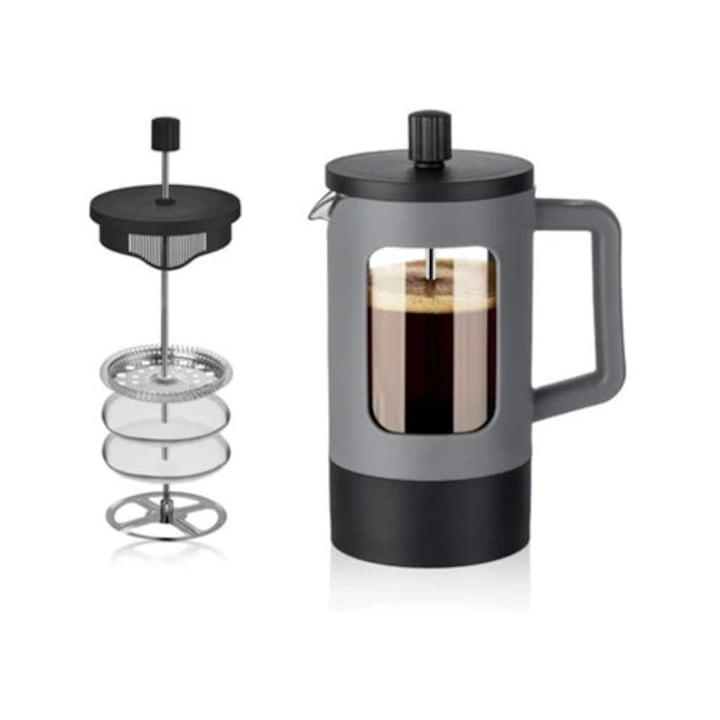 Cafetiere French Press, sticla borosilicata rezistenta la caldura, gri si negru, 1000ml