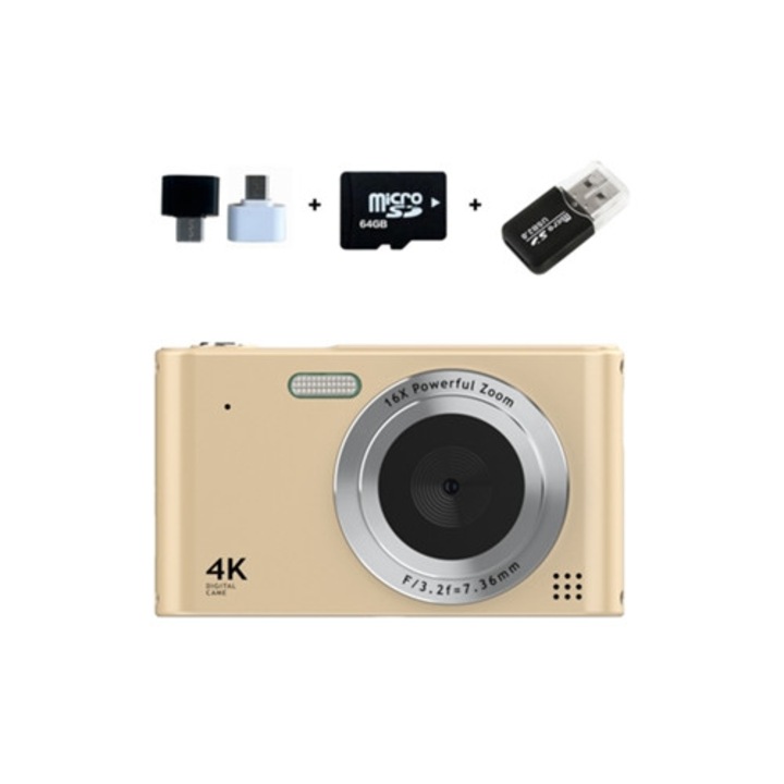 Компактна детска камера, 1080p, 44MP, 16x увеличение, златна, с 64GB карта