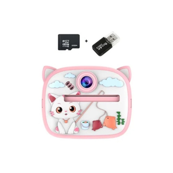 Camera foto instant 48MP HD, 2.4 inch, 32GB, roz pisica