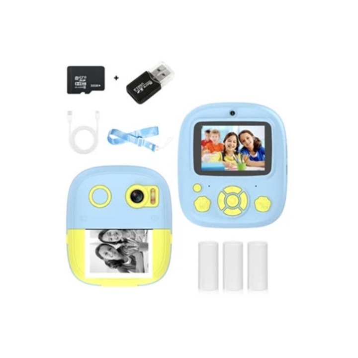 Camera foto instant cu doua obiective, 1080P, 2.4 inch, 8x zoom, 32GB, albastra