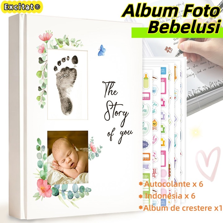 Jurnal Bebelus, Excitat®, Album Ghidat pana la 5 Ani, Jurnalul Bebelusului, Cu 6 stickere, Carte Amintiri, Jurnal Bebe, Cadou pentru Parinti, Nou-Nascuti, Botez, Mamici, Primii Ani ai Copilului, Design Premium, 22.2 x 29.2cm, 100 de pagini