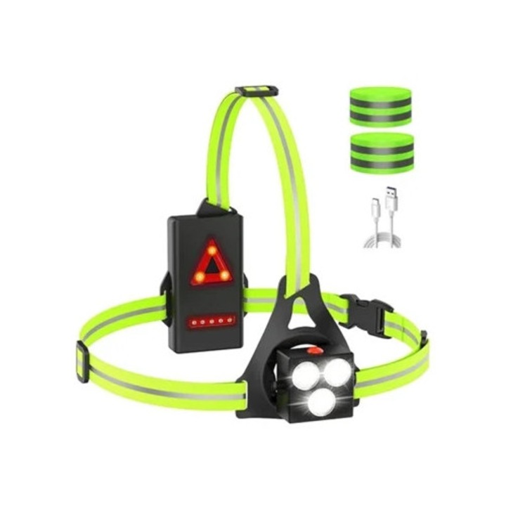 Lanterna LED impermeabila IPX55, reincarcabila USB, cu avertizare de siguranta, pentru jogging si plimbare