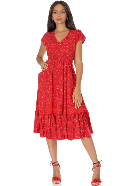 Rochie dama multicolora cu imprimeu floral si buzunare midi ROH DR4776, 42