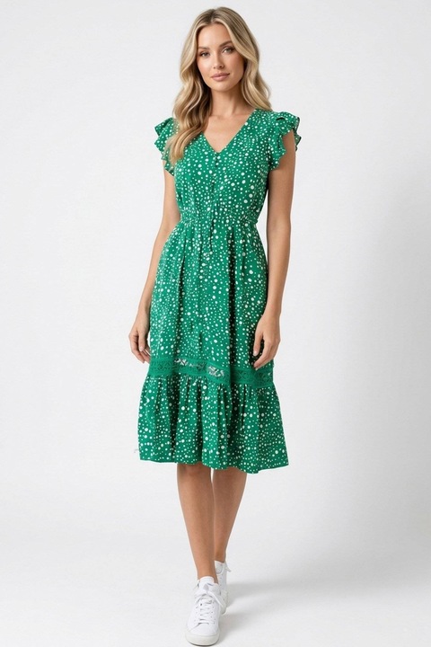Rochie dama Verde cu imprimeu buline si buzunare midi ROH DR4781, 38