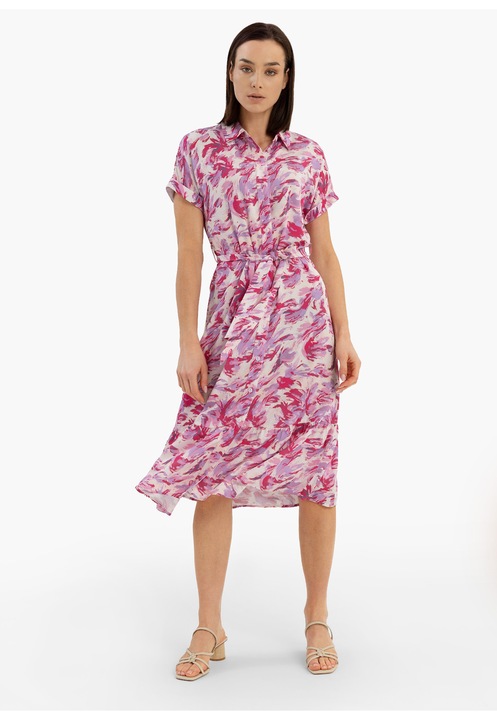 Rochie-camasa lunga de vara din viscoza, cu volane, maneci scurte, curea in talie, Volcano G-Amstel, roz, XXL