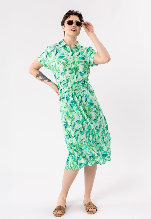 Rochie-camasa lunga de vara din viscoza, cu volane, maneci scurte, curea in talie, Volcano G-Amstel, verde, XXL