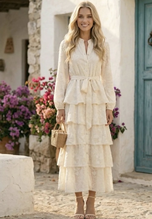 Rochie midi crem din dantela cu volane si cordon in talie 1534, Bej deschis