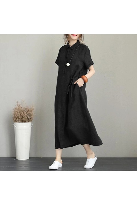 Rochie casual de vara lunga pentru femei din in negru, lejera, cu maneci scurte si guler de camasa