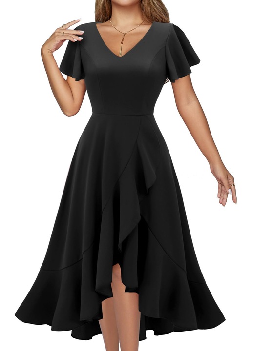 Rochie cocktail dama DRESSTELLS, cu decolteu in V si volan pe tiv asimetric tip high-low, marime S, culoare negru