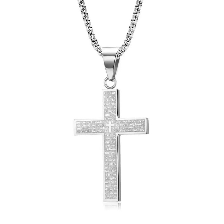 Lantisor barbati IPSTYLE cu pandantiv cruce rugaciunea Tatal nostru, inox, argintiu